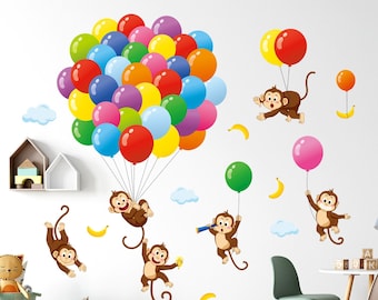 Láminas de pared con globos de mono DECOWALL: adorables pegatinas de monos para decorar habitaciones infantiles (SG-2202)