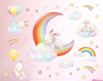 DECOWALL SG2-2313 Rainbow Moon Clouds and Rabbits Wall Stickers