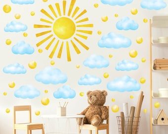 Naklejki ścienne DECOWALL „Słońce i chmury” – miękkie, niebiańskie naklejki do pokoju dziecięcego lub pokoju zabaw (DS12-8079)