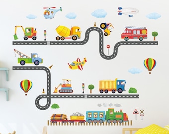 DECOWALL SG-2107 Costruzioni Trasporti su strada Adesivi da parete per bambini Decalcomanie staccabili e incollabili per la cameretta dei bambini, soggiorno