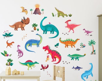 DECOWALL SG-2115 16 Pegatinas de pared de dinosaurios Calcomanías jurásicas coloridas Pelar y pegar extraíbles para niños Guardería Dormitorio Sala de estar