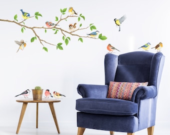 Decowall DWL-1804N Garden Birds on Tree Branch Kids Wall Stickers Wall Decals Peel and Stick Removable Wall Stickers for Kids