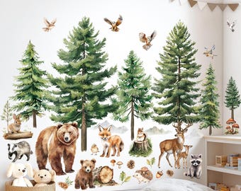 Naklejki ścienne DECOWALL „Leśne zwierzęta” – niedźwiedzie, lisy, jelenie i leśne stworzenia do pokojów dziecięcych i przedszkoli (SG4-2520)