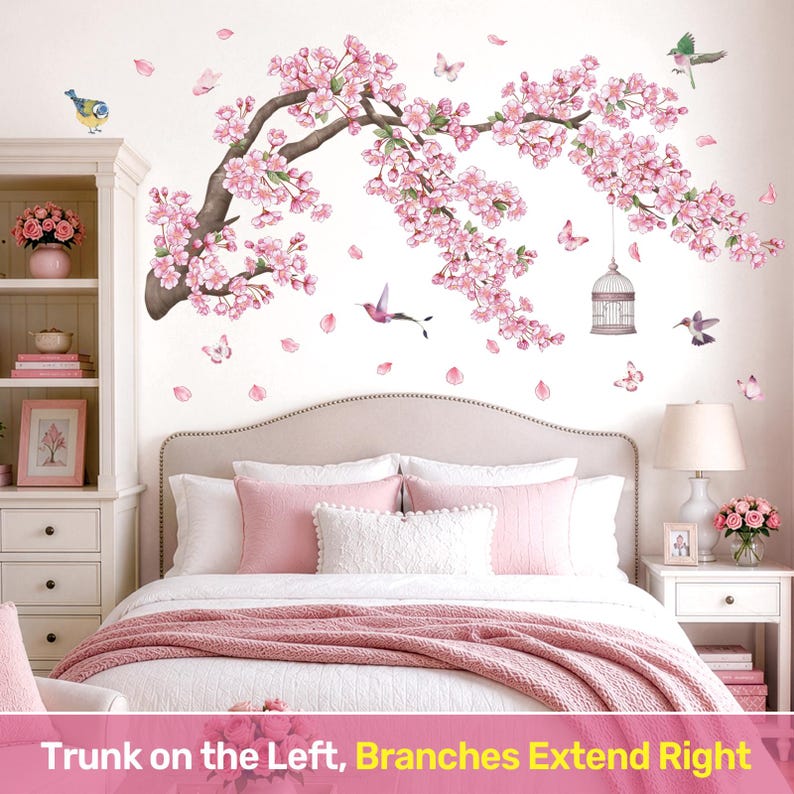 DECOWALL Cherry Blossom Wall Art Prints – Pink Blossom Bird Branch Stickers for Bedroom or Living Room Decor (SG2-2426) image 2
