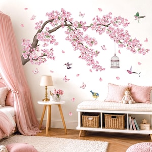 DECOWALL Kersenbloesem kunst aan de muur: stickers roze bloesem vogeltak voor slaapkamer- of woonkamerdecoratie (SG2-2426)