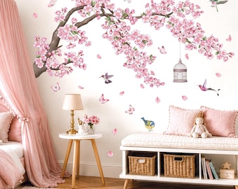 Impressions d'art murales fleurs de cerisier DECOWALL - Stickers branches d'oiseau fleurs roses pour chambre ou salon (SG2-2426)