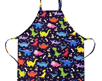DECOWALL AP-003 Grembiule per bambini con dinosauri - Grembiule da cuoco per bambini con tasca, cinturino regolabile per cucinare, cuocere al forno, dipingere e fare arte