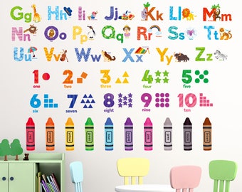 DECOWALL DS-8044 Tier Alphabet Zahlen Farbabziehbild Aufkleber Kinder schälen und entfernbar für Raumdekor abc Klassenzimmer lehrreich
