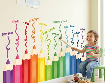 DECOWALL Impressions d'art murales aux crayons de couleur – Autocollants éducatifs en couleur pour la chambre d'enfants, salle de jeux ou décoration de salle de classe (SG2-2417)