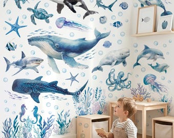 Reproductions d'art murales DECOWALL Animaux de la mer – Stickers baleines, requins, dauphins et océans pour chambre d'enfant (SG2-2518)