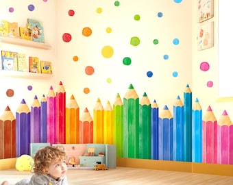 DECOWALL Art mural crayons de couleur arc-en-ciel - Crayons de couleur et décalcomanies à pois pour décoration de chambre d'enfant et de chambre d'enfant (SG4-2522)