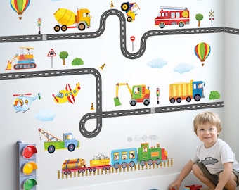 Láminas de arte mural de vehículos de transporte DECOWALL: pegatinas de trenes, camiones y carreteras para decorar habitaciones infantiles, guarderías o salas de juegos (SG2-2107)