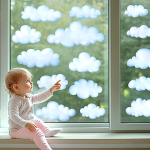 May include: A young child points at blue and white cloud-shaped window decals. The decals are arranged on a window, creating a whimsical sky scene. The child is wearing a light pink outfit and is sitting on a window sill.