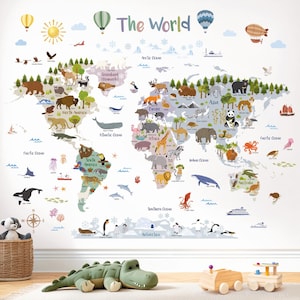 May include: A colorful world map wall decal featuring illustrations of animals and landmarks. The map includes the text "The World" and is decorated with hot air balloons, a sun, and various sea creatures. A plush alligator and toy train are in the foreground.