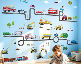 Naklejki ścienne DECOWALL z motywem pojazdów drogowych – samochody, ciężarówki, pociągi i drogi do pokoju dziecięcego (DS9-8090)