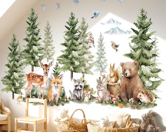 Láminas de pared de bosque DECOWALL: pegatinas de acuarela con animales y árboles para decorar la habitación de los niños o la sala de juegos (SG4-2422)