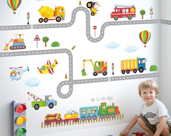Impressions d'art murales DECOWALL pour véhicule de transport - Stickers routiers de camion train pour chambre d'enfants, chambre de bébé ou décoration de salle de jeux (SG2-2107)