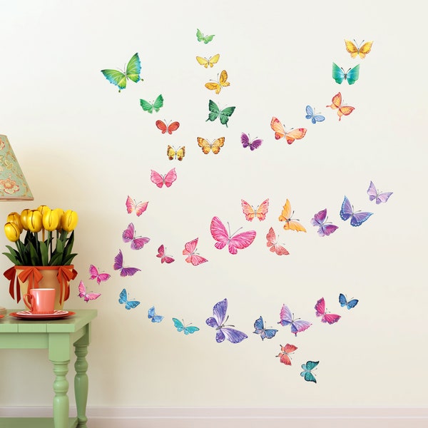 DECOWALL DS-1602 Watercolour Butterflies Kids Wall Stickers Wall Decals Peel and Stick Removable for Kids Nursery Bedroom Living Room