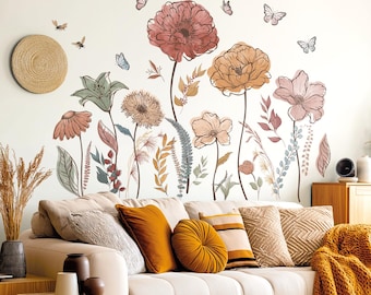 Láminas de flores silvestres DECOWALL - Pegatinas de prado floral bohemio para decorar el dormitorio, la sala de estar o la habitación de un bebé (SG2-2420)