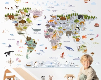DECOWALL SG2-2516 Pegatinas de pared con mapa del mundo de animales de estilo bohemio
