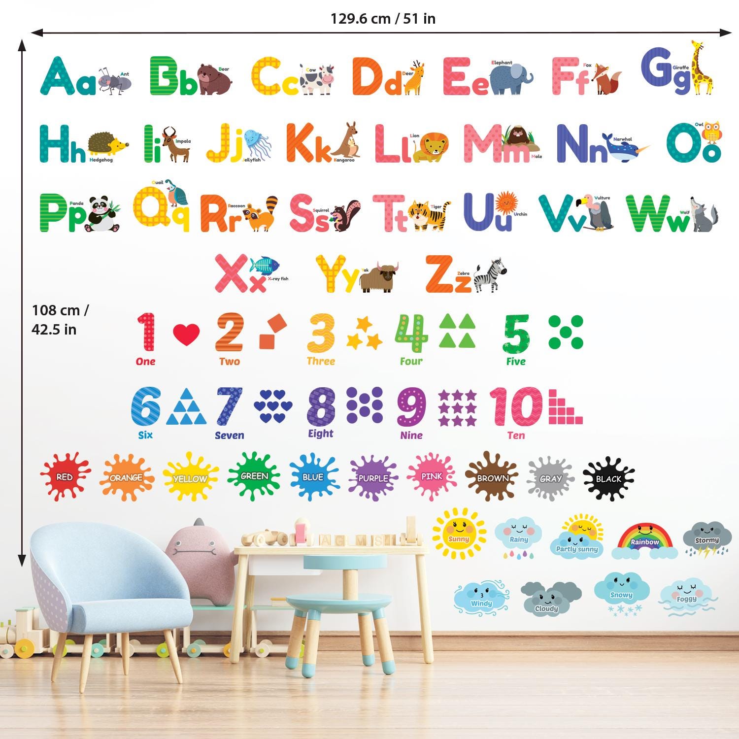 DECOWALL Alphabet & Numbers Wall Stickers – ABC, 123, Colors, Weather ...