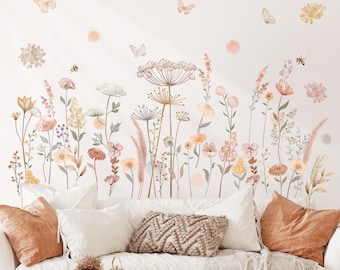Láminas de flores silvestres DECOWALL - Pegatinas de flores de prado en tonos pastel para decorar el dormitorio, la sala de estar o la habitación de un bebé (SG2-2421)