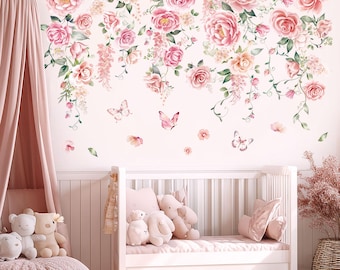 DECOWALL Impressions d'art murales roses roses - Stickers romantiques floraux de vigne pour une chambre, un salon ou une chambre de bébé (SG3-2428)