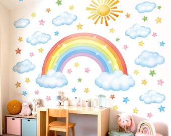 Láminas de pared arcoíris DECOWALL: pegatinas de sol, nubes y estrellas para decorar habitaciones infantiles (SG3-2314)