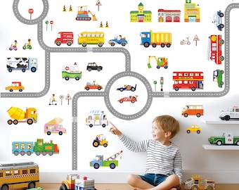 Stickers muraux DECOWALL pour transport d'enfants – Stickers voitures, camions et routes pour décoration de chambre d'enfant, de chambre d'enfant et de salle de jeux (SG3-1404P1405)