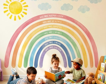 Décoration murale arc-en-ciel et versets de la Bible DECOWALL – Stickers soleil, arc-en-ciel et nuages pour décoration de chambre d'enfant et de bébé (FH4-2524)