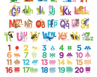 Láminas de pared con el alfabeto y los números de animales de DECOWALL – Pegatinas educativas ABC 123 para la decoración de habitaciones infantiles o aulas (DS9-8091)