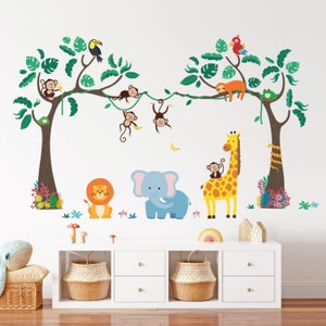 DECOWALL SG-2112 Jungle Tree Animals Kids Wall Stickers Monkey Elephant Giraffe Decals Removable for Nursery Bedroom Living Room