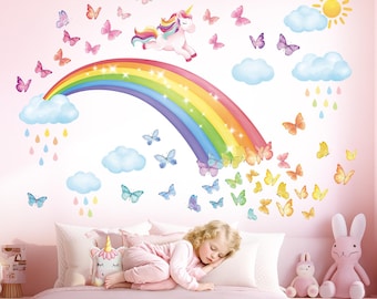 Láminas de pared de unicornio arcoíris DECOWALL: pegatinas de mariposas y nubes para decorar la habitación de las niñas (SG2-2309)