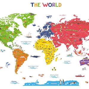 DECOWALL Impressions d'art mural carte du monde - Stickers colorés de carte éducative pour chambre d'enfant ou décoration de salle de classe (DL3-2212)
