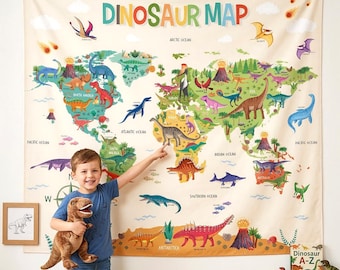 DECOWALL TP-012 Gobelin z mapą świata dinozaurów 60''x50'' (150 x 130 cm)