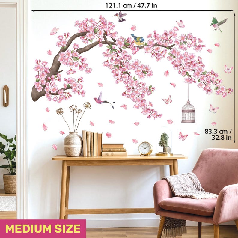DECOWALL Cherry Blossom Wall Art Prints – Pink Blossom Bird Branch Stickers for Bedroom or Living Room Decor (SG2-2426) image 5