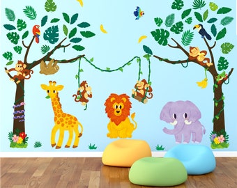 DECOWALL SG-2209 Jungle Tree Animals Kids Wall Stickers