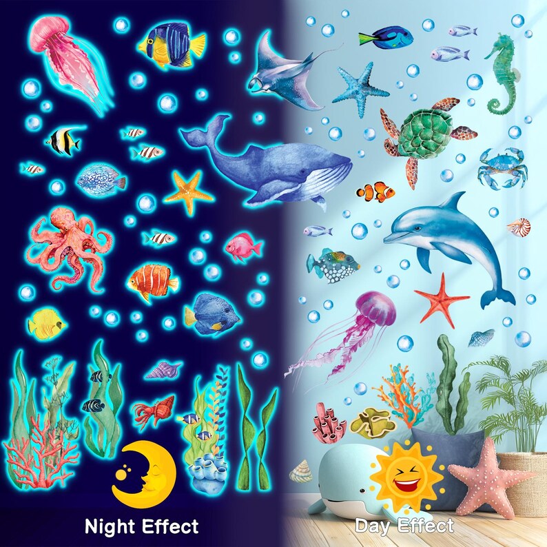 DECOWALL Glow in the Dark Ocean Wall Art Prints – Sea Animal Stickers ...