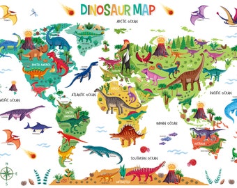 DECOWALL SG2-2312 Vinilos Decorativos Mapa del Mundo de Dinosaurios