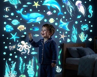 DECOWALL, impressions d'art murales phosphorescentes océan - Stickers animaux marins pour chambre d'enfants, chambre de bébé ou salle de jeux (GDS4-8097)