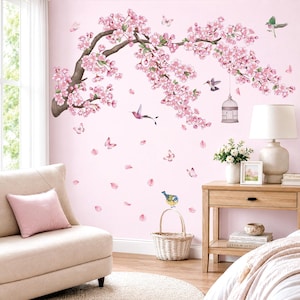 DECOWALL Cherry Blossom Wall Art Prints – Pink Blossom Bird Branch Stickers for Bedroom or Living Room Decor (SG2-2426) image 3