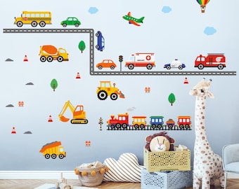 Láminas de arte mural DECOWALL con vehículos de tráfico: pegatinas de coches, camiones y trenes para decorar habitaciones infantiles o salas de juegos (DS8-8047)
