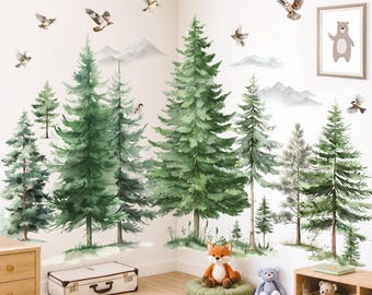 DECOWALL Affiches murales Pins de la forêt – Stickers aquarelle Arbres des bois pour la décoration de la chambre d'enfant ou du salon (SG4-2606)