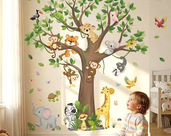 Stickers muraux DECOWALL, arbre d'animaux de la jungle - Stickers animaux du zoo Safari pour chambre d'enfants ou décoration de salle de jeux (SG4-2504)