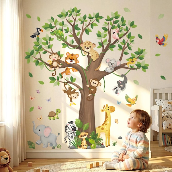 DECOWALL Jungle Animal Tree Wall Stickers – Safari Zoo Animal Decals for Kids Nursery Bedroom or Playroom Decor (SG4-2504)