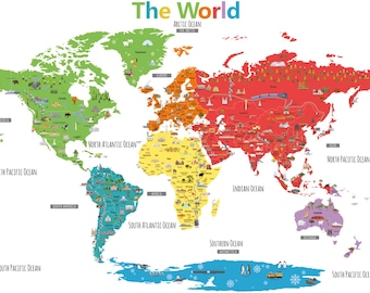 Láminas de mapamundi DECOWALL para pared: 3 láminas de mapas educativos y calcomanías oceánicas para decorar habitaciones infantiles y guarderías (DL3-1902N)