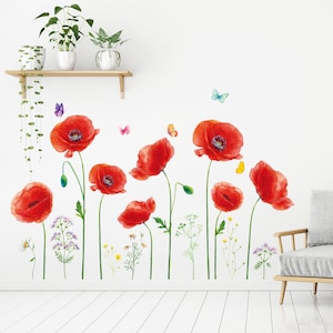 DECOWALL SG-2104 5 Large Poppy Wall Stickers Red Flower Butterfly Decals Removable for Nursery Bedroom Living Room