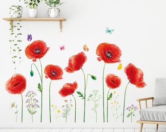 DECOWALL SG-2104 5 Large Poppy Wall Stickers Red Flower Butterfly Decals Removable for Nursery Bedroom Living Room