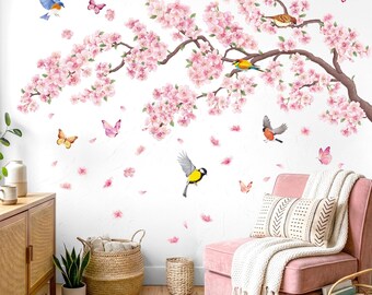 Naklejki ścienne DECOWALL z motywem kwitnącej wiśni – różowe naklejki z motywem kwitnącego ptaka do sypialni lub salonu (SG2-2427)