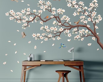 Láminas de pared DECOWALL con flores de magnolia: pegatinas de ramas de flores blancas para decorar el dormitorio, la sala de estar o la sala de lectura (SG4-2317)